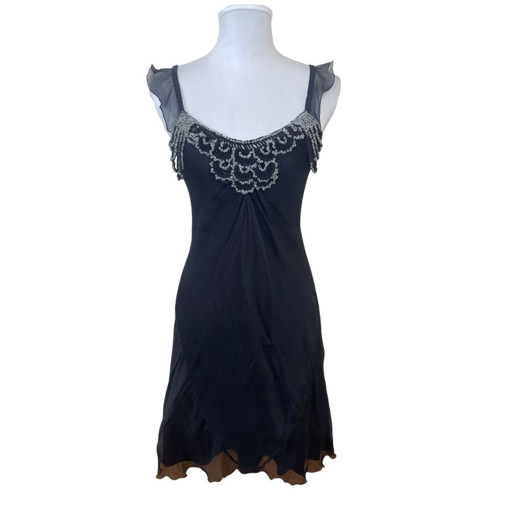 Leon Max Limited Edition Black Silk Whimsygoth Witchy Crochet Beaded Cocktail Dr